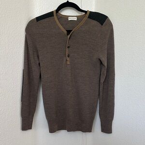 Dries Avn Norton wool Brown Patch Sweater with Green and Tan Accents